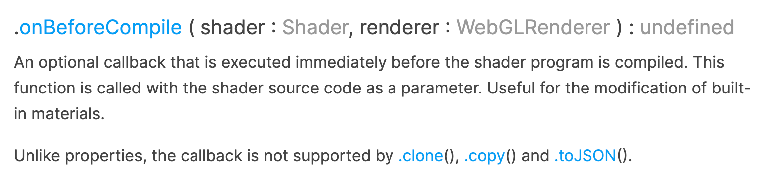 onBeforeCompile documentation on threejs's website
