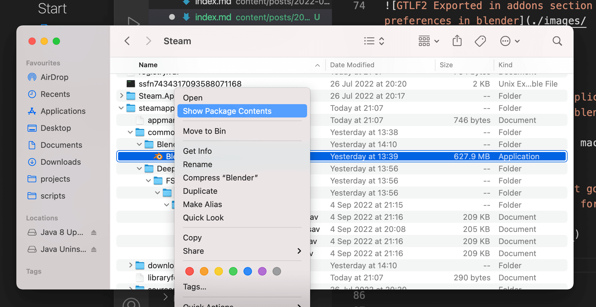 Go to content by right clicking on the blender app in steamapps folder in finder