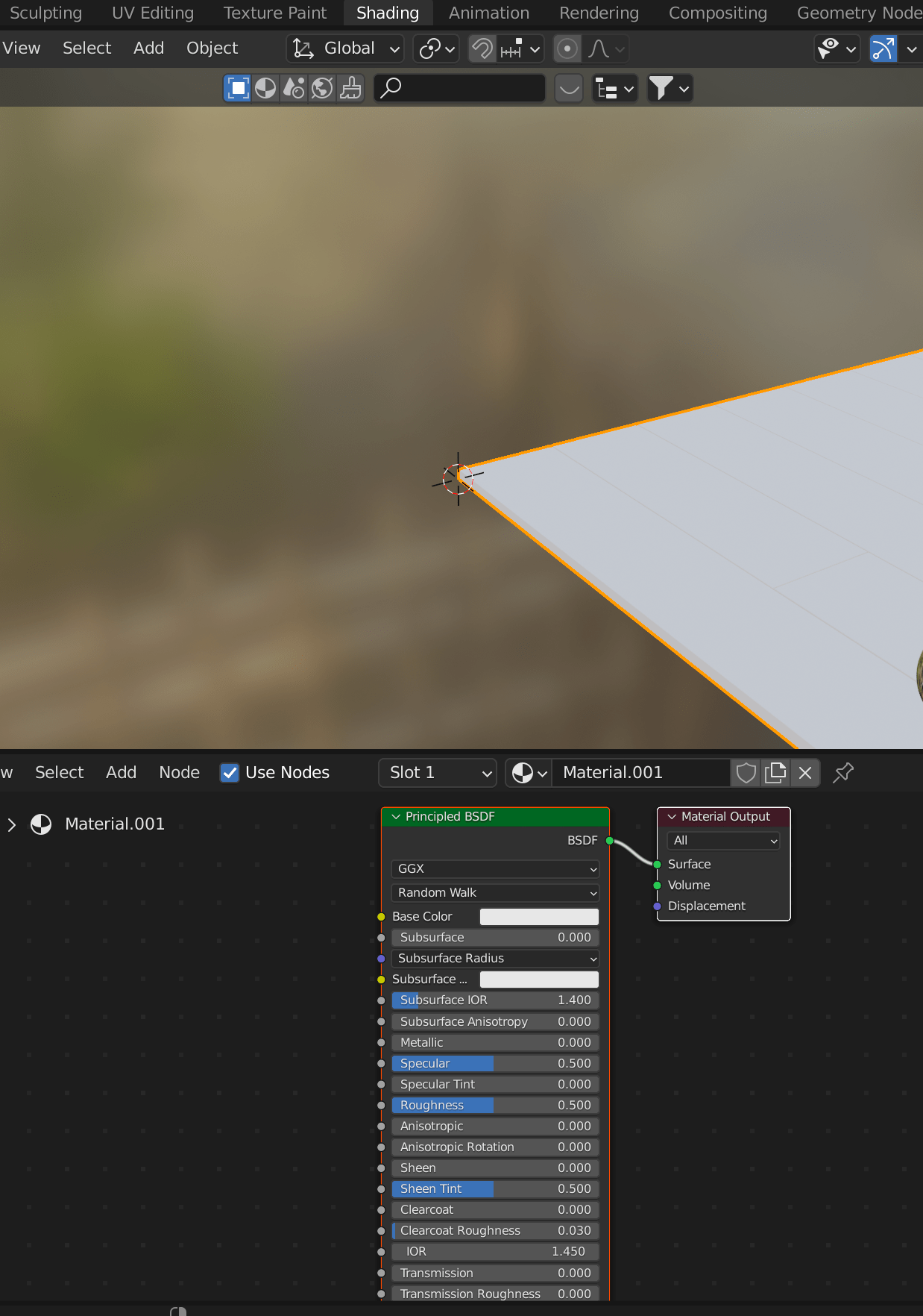 Shader tab in blender for the newly created flooring plane